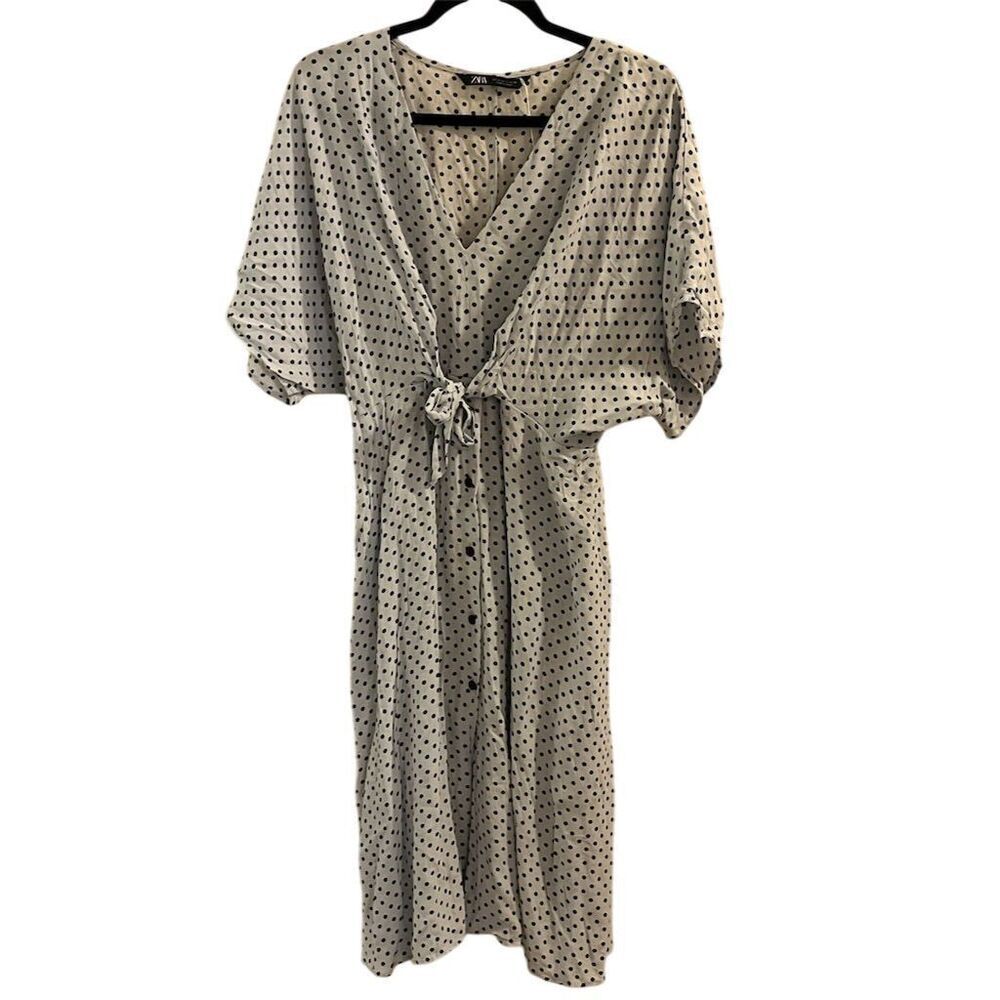 Vintage Zara Women's S Blue Polka Dot V-Neck Wrap Midi Dress Casual - Picture 4 of 7